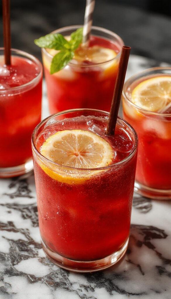 A spooky Halloween-themed glass of bright yellow Witches Brew Lemonade garnished with black licorice and creepy decorations.