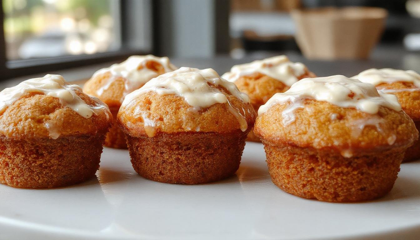 A batch of moist pumpkin cream cheese muffins arranged on a rustic wooden surface. The muffins have golden-brown tops with swirls of cream cheese visible. Some muffins are cut open, revealing the creamy filling and pumpkin specks inside. Fresh green pumpkin leaves and a dusting of cinnamon surround the muffins, enhancing their autumn appeal.