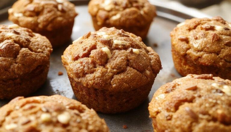 Golden-brown pumpkin cream cheese muffins topped with a swirl of cream cheese frosting and a sprinkle of cinnamon, displayed on a rustic wooden tray with a few pumpkin seeds scattered around, capturing a warm, inviting autumn vibe.