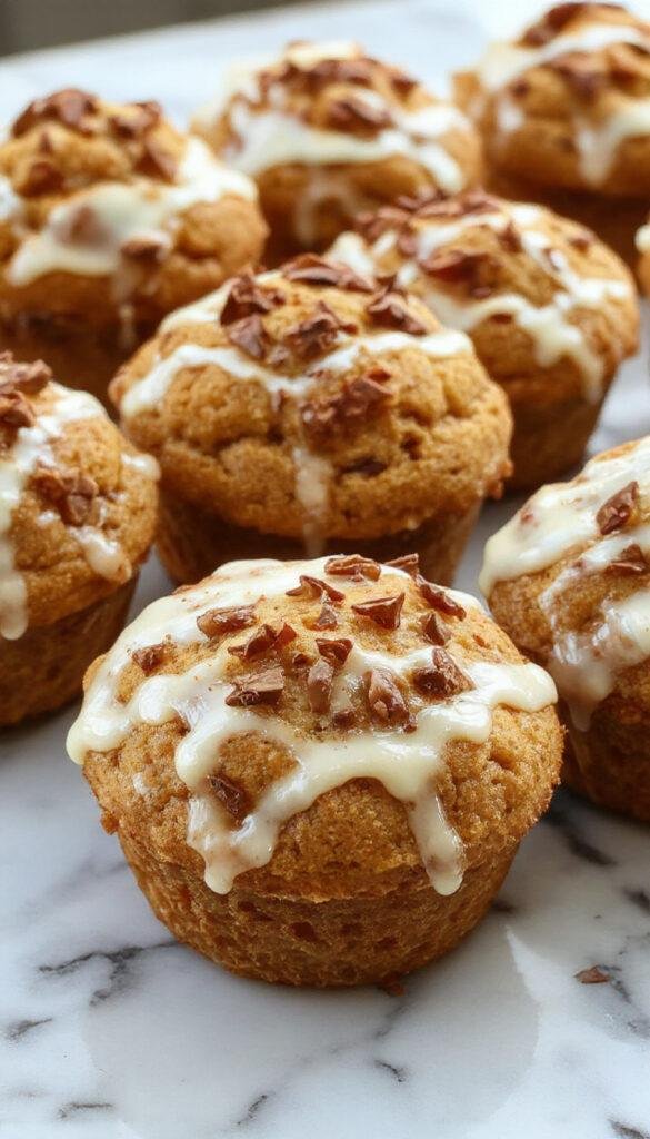 A close-up of Starbucks Copycat Pumpkin Cream Cheese Muffins arranged on a rustic plate, showcasing their moist pumpkin crumb topped with cream cheese frosting and a sprinkle of cinnamon.