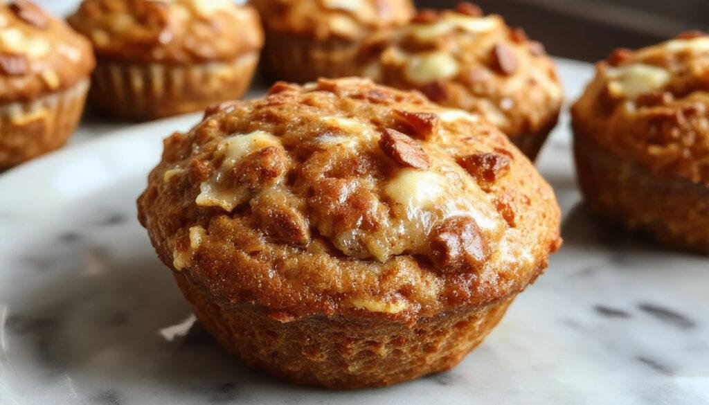 A close-up of a freshly baked Starbucks Copycat Pumpkin Cream Cheese Muffin, showing a golden-brown top with swirls of cream cheese filling peeking through. The muffin is placed on a rustic wooden surface with a few cinnamon sticks and a cinnamon-spiced latte in the background, creating a warm fall ambiance. The muffin's texture appears moist and fluffy, with a slightly cracked top revealing the creamy filling inside.