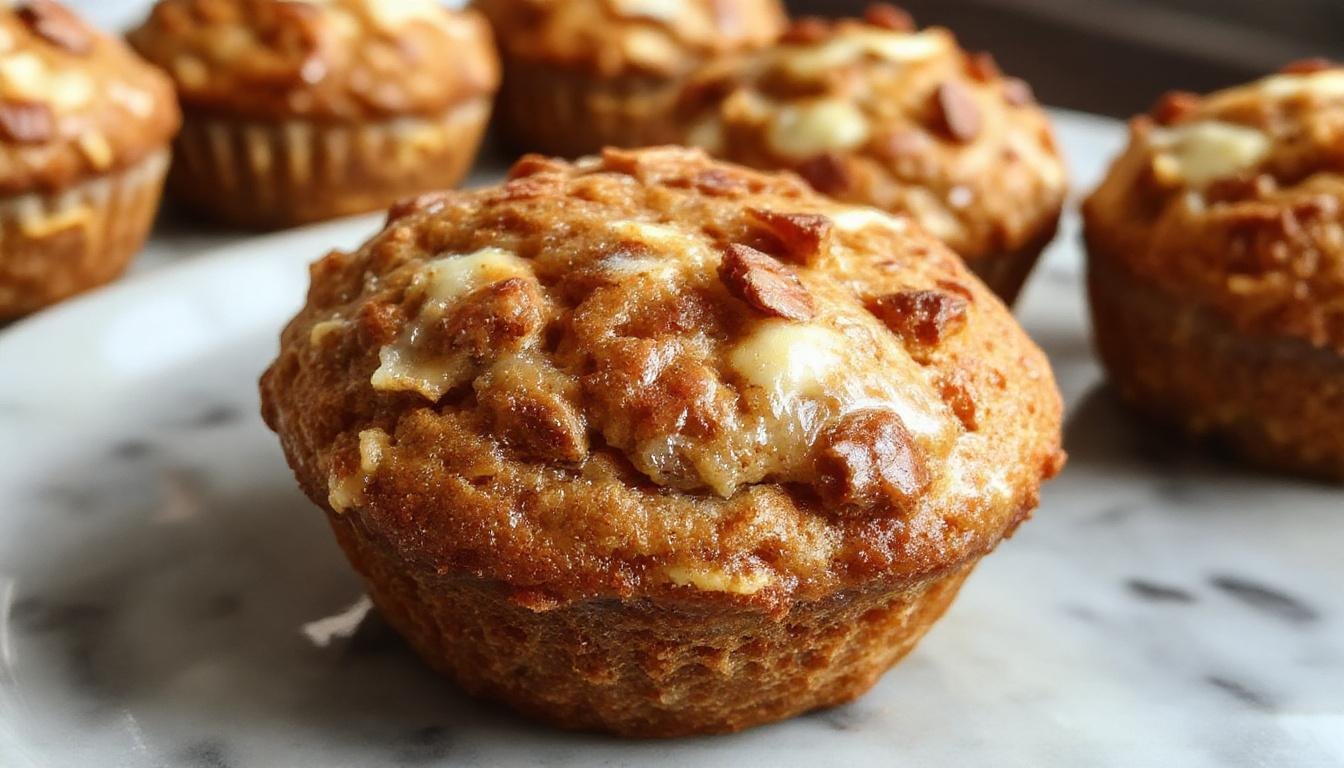 A close-up of a freshly baked Starbucks Copycat Pumpkin Cream Cheese Muffin, showing a golden-brown top with swirls of cream cheese filling peeking through. The muffin is placed on a rustic wooden surface with a few cinnamon sticks and a cinnamon-spiced latte in the background, creating a warm fall ambiance. The muffin's texture appears moist and fluffy, with a slightly cracked top revealing the creamy filling inside.