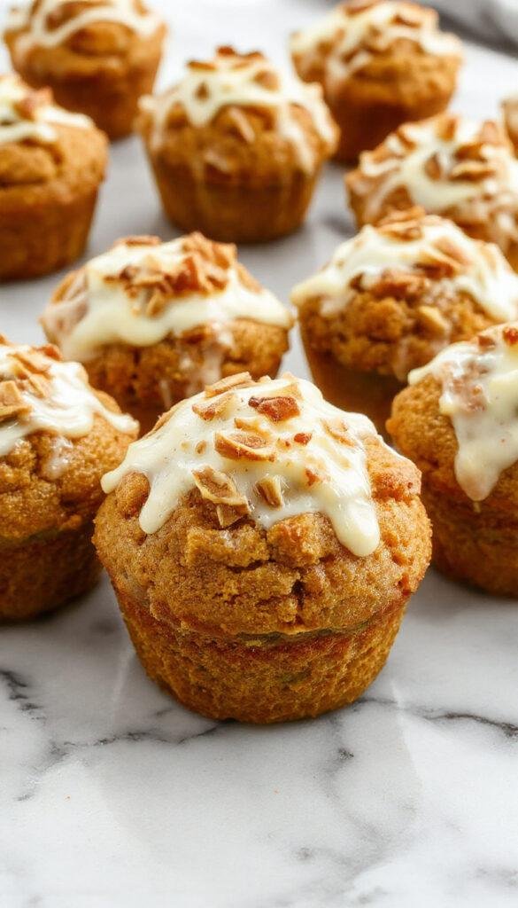 A batch of Starbucks-Style Pumpkin Cream Cheese Muffins arranged on a rustic wooden surface, showcasing their golden-brown tops and creamy filling oozing from the center.