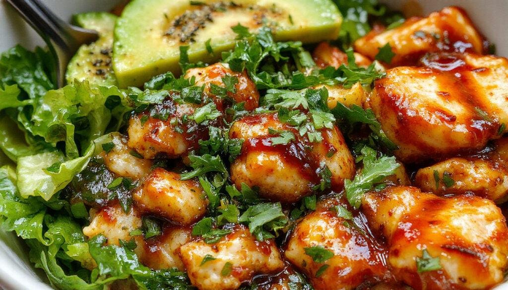 A vibrant bowl featuring tender, glazed sticky chicken pieces atop fluffy white rice, garnished with green herbs and sliced vegetables, presented in a sleek white dish against a rustic wooden table.