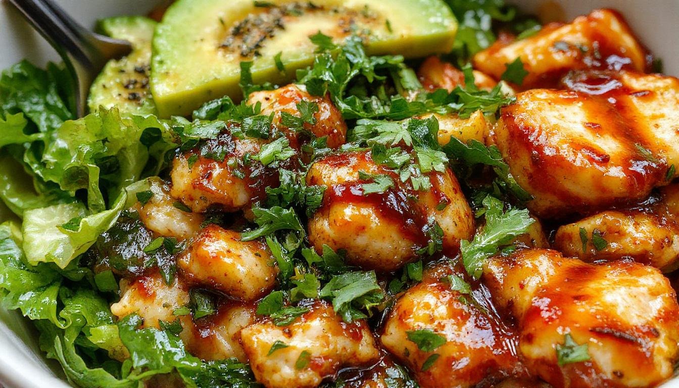 A vibrant bowl featuring tender, glazed sticky chicken pieces atop fluffy white rice, garnished with green herbs and sliced vegetables, presented in a sleek white dish against a rustic wooden table.