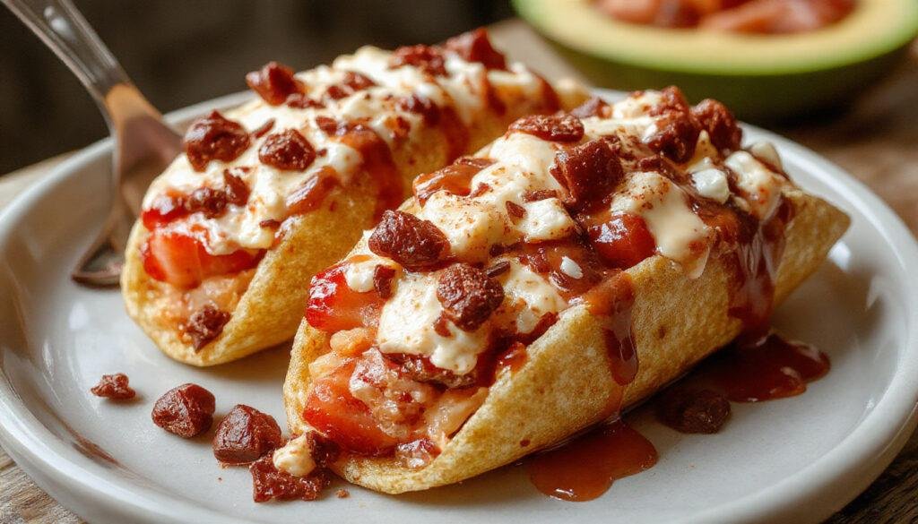 A close-up of strawberry crunch cheesecake tacos showcasing golden taco shells filled with creamy cheesecake and topped with vibrant red strawberry slices, crunchy cookie crumbs, and fresh mint leaves, arranged on a rustic wooden plate with a soft-focus background.