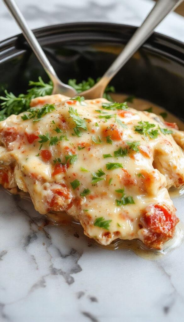 A slow cooker filled with creamy ranch chicken garnished with chopped herbs, served alongside fresh vegetables and rice.