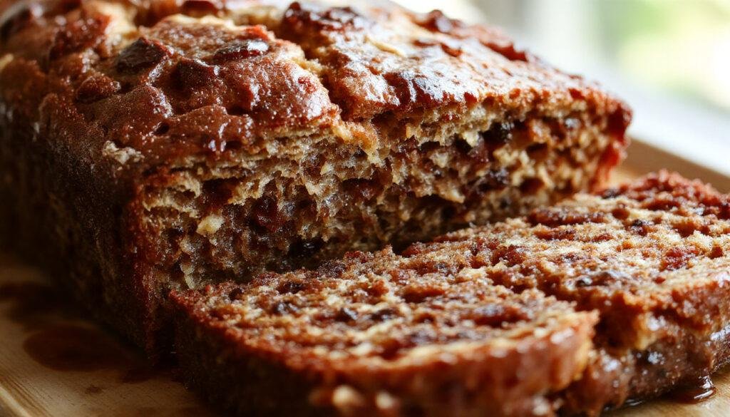 A freshly sliced loaf of super moist banana bread sits on a rustic wooden table. The bread has a golden-brown crust with a tender, moist crumb visible through the slices. Swirls of mashed bananas are evident, with a slightly glossy finish on the surface. The slices are arranged invitingly, showcasing the moist interior and specks of banana throughout.