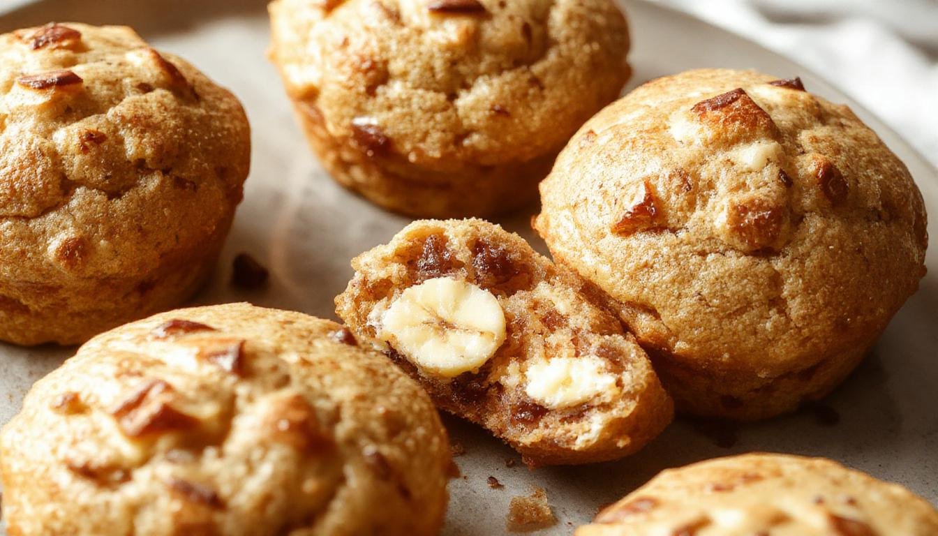 Golden-brown banana cream cheese muffins arranged on a white plate, with a few muffins showing swirls of cream cheese and banana inside. The muffins are topped with a light dusting of powdered sugar and have a slightly cracked surface, revealing moist crumb underneath. Fresh banana slices and a sprig of mint are placed beside the plate for garnish.