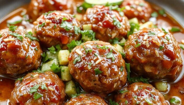 A close-up of a white plate holding several glossy, round meatballs coated in bright red sweet chili sauce, garnished with finely chopped green onions and sesame seeds, with a drizzle of sauce around the meatballs. The background is blurred, emphasizing the vibrant colors and saucy texture.