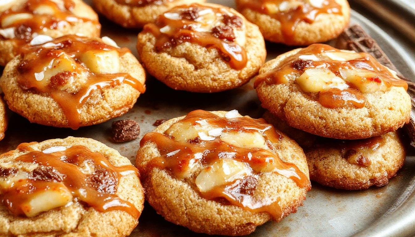 A close-up of a plate of golden-brown Apple Pie Cookies drizzled with rich salted caramel, with visible apple chunks and flaky texture, arranged artfully on a rustic wooden surface.