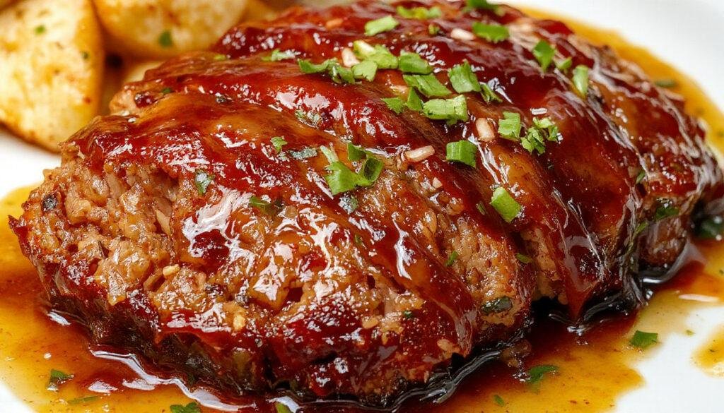 A beautifully plated meatloaf glazed with a shiny, caramel-colored brown sugar glaze, sliced to reveal a moist, tender interior with a blend of herbs and spices. Garnished with fresh herbs on a rustic wooden board, with a drizzle of glaze visible on the sides.