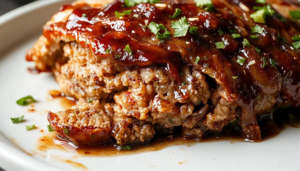 A golden-brown glazed bacon-wrapped meatloaf garnished with fresh herbs, sliced to reveal a moist, flavorful interior, presented on a rustic wooden platter with a glossy glaze drizzled over the bacon.