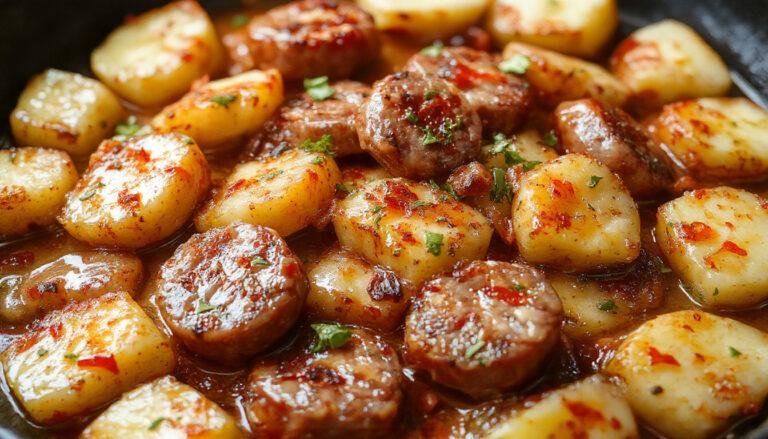A rustic one-pan meal featuring golden-brown sausage links nestled among crispy roasted potatoes, drizzled with a glossy glaze and garnished with fresh herbs on a wooden surface.