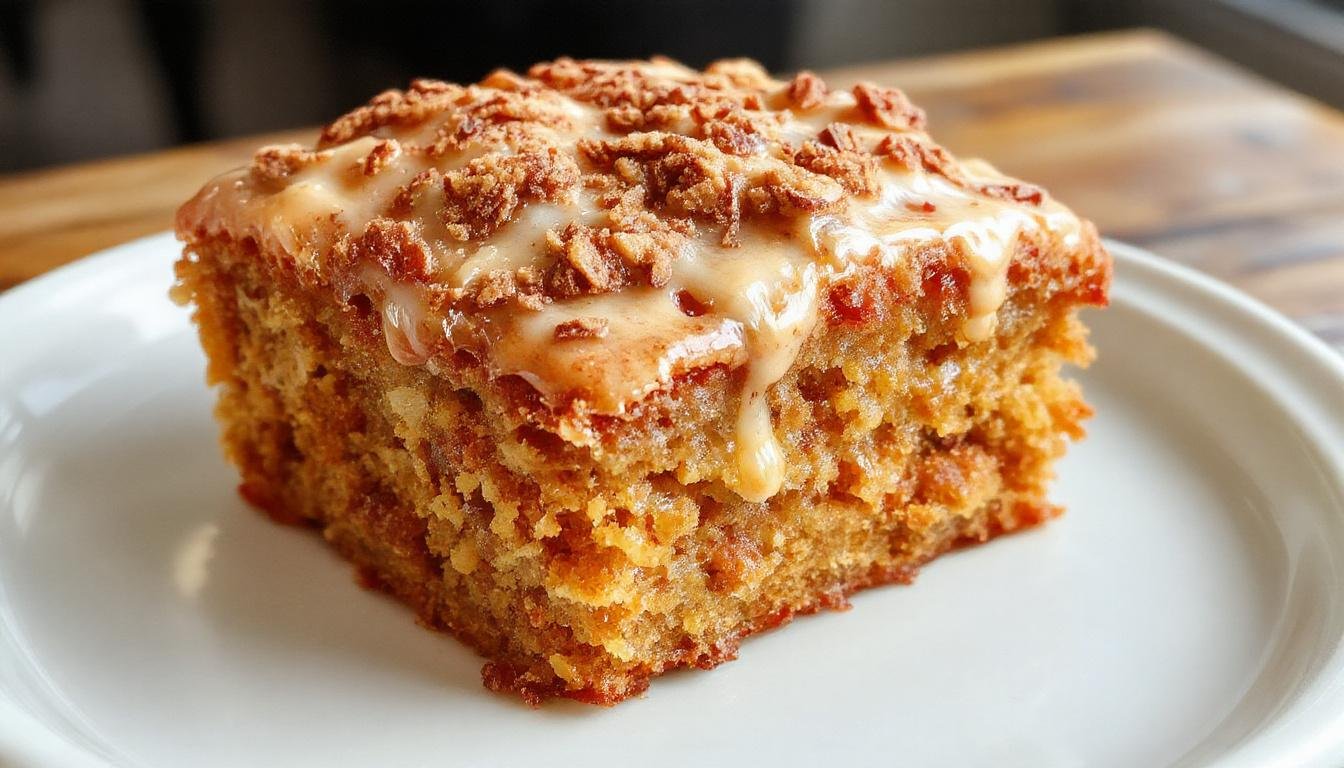 A slices of warm apple spice cake topped with a generous swirl of rich brown sugar icing, showcasing a moist crumb speckled with cinnamon and apple pieces, garnished with a light dusting of powdered sugar on a rustic wooden platter with a cup of coffee in the background.