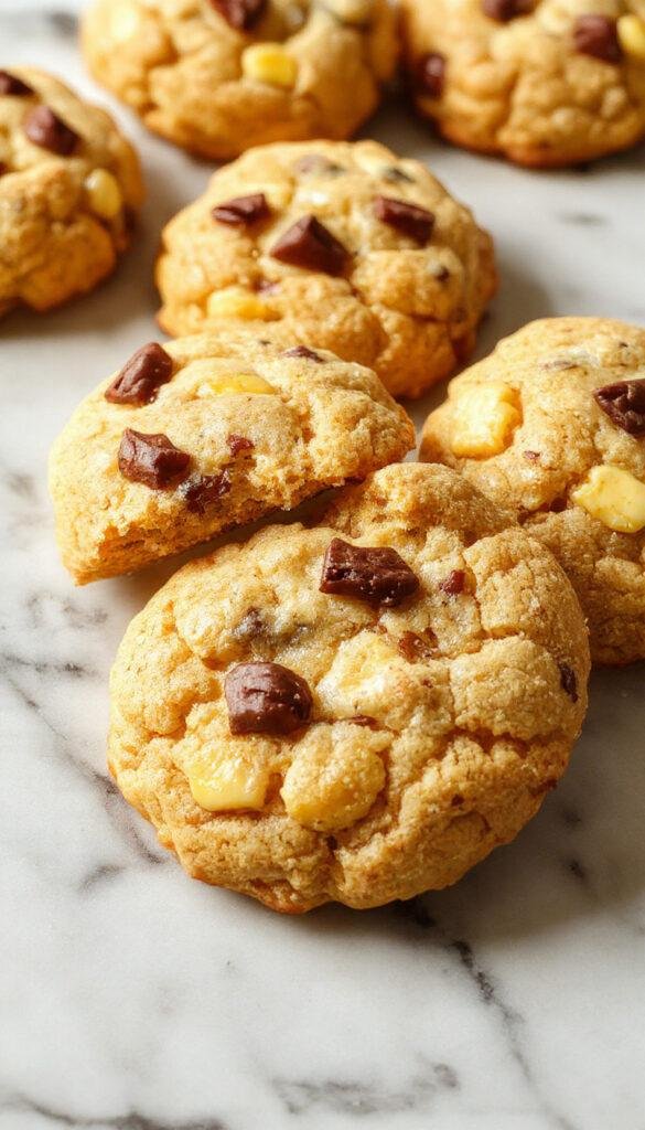 A plate of golden Harvest Corn Cookies garnished with a sprinkle of cinnamon and sugar, surrounded by fresh fall leaves and corn cobs.