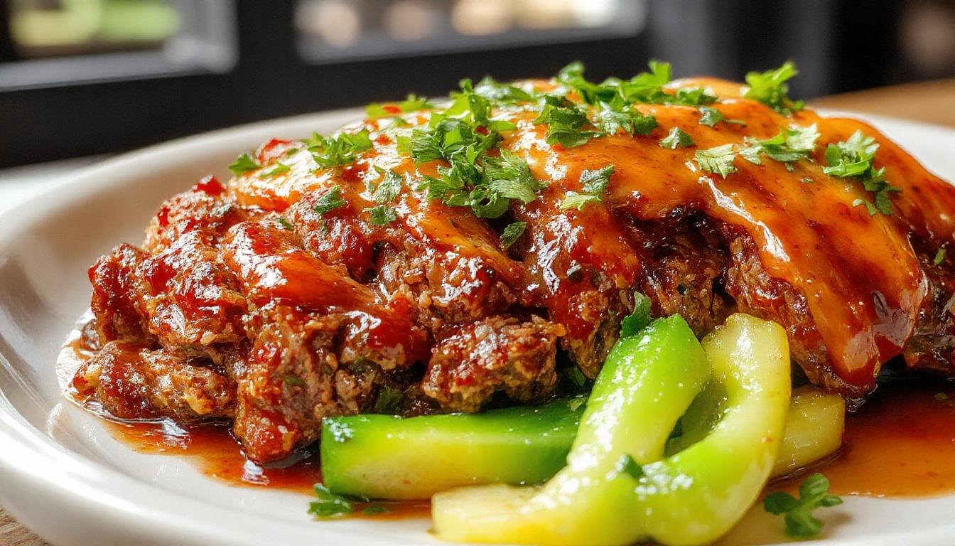 A plated Korean BBQ meatloaf slice with a caramelized glaze, garnished with chopped green onions and sesame seeds, accompanied by side vegetables, vibrant colors highlighting the tender, juicy texture and flavorful glaze.