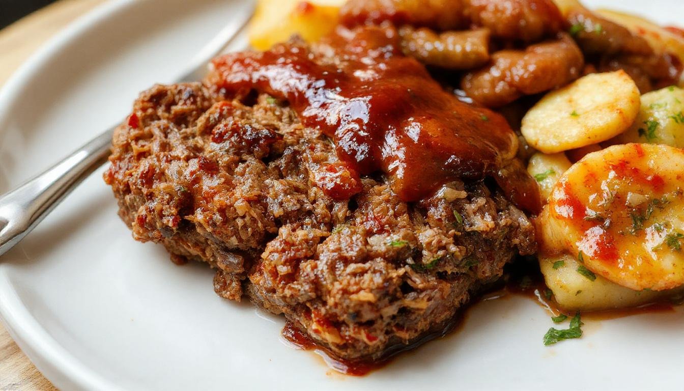 A hearty slice of Sweet & Spicy Vintage Meatloaf on a rustic plate, topped with a glossy glaze and garnished with fresh herbs, showcasing its moist texture and spice-infused crust. The meatloaf reveals a marbled interior with visible streaks of sweetness and spices, contrasted against a clean, inviting background.