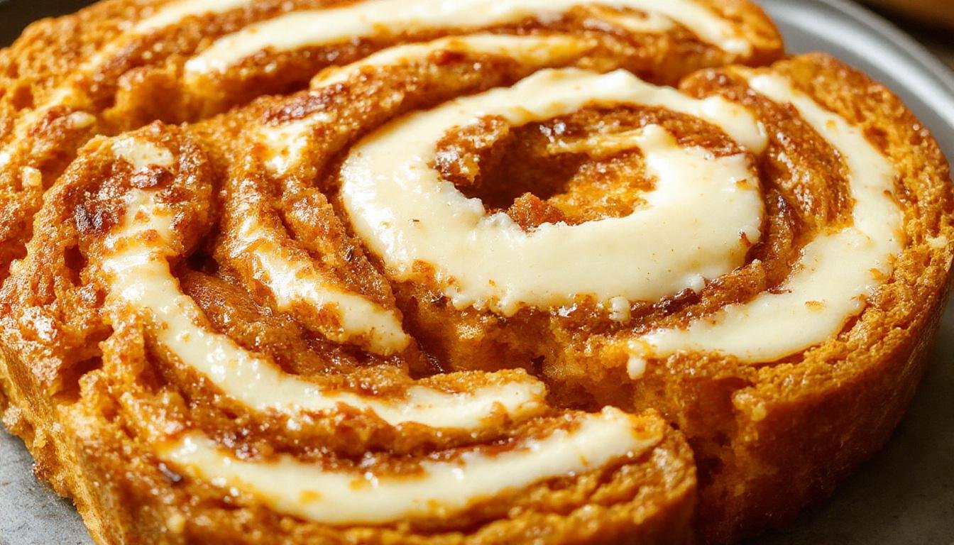 A sliced loaf of pumpkin cream cheese bread showcasing a beautifully swirled interior with vibrant orange pumpkin and creamy white cheese streaks. The bread's crust is golden brown with a slightly glossy finish, placed on a rustic wooden surface garnished with a few pumpkin seeds and a sprig of cinnamon for a warm, inviting look.