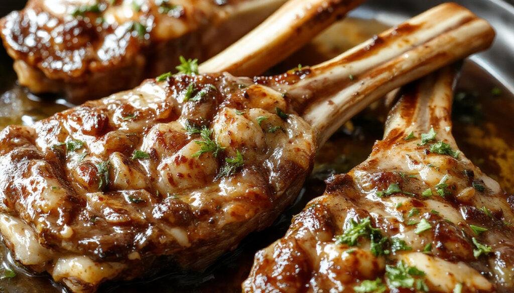 A close-up of perfectly cooked oven-baked lamb chops arranged on a white ceramic plate. The lamb chops have a golden-brown, crispy exterior with visible grill marks, garnished with fresh rosemary sprigs and lemon slices. The plate is set on a rustic wooden table with a side of roasted vegetables and a sprig of thyme for added color and freshness.