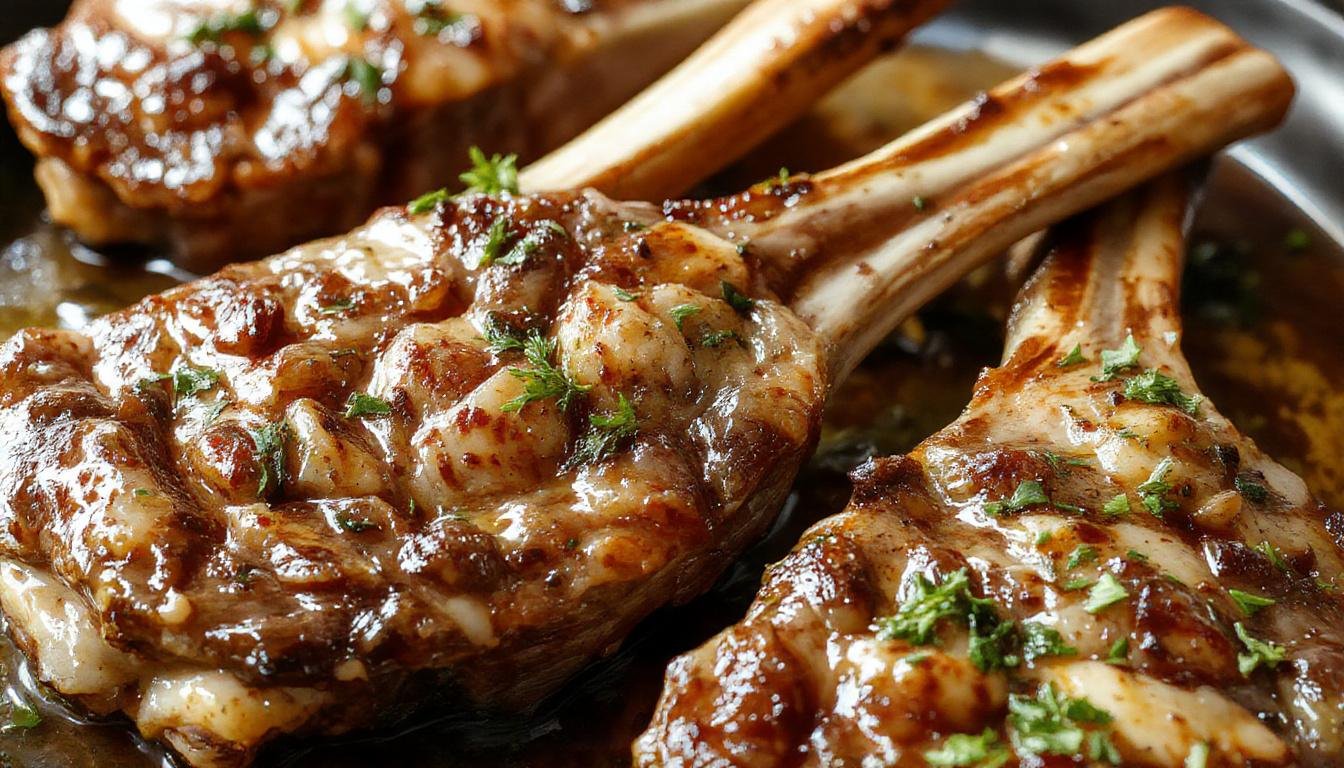 A close-up of perfectly cooked oven-baked lamb chops arranged on a white ceramic plate. The lamb chops have a golden-brown, crispy exterior with visible grill marks, garnished with fresh rosemary sprigs and lemon slices. The plate is set on a rustic wooden table with a side of roasted vegetables and a sprig of thyme for added color and freshness.