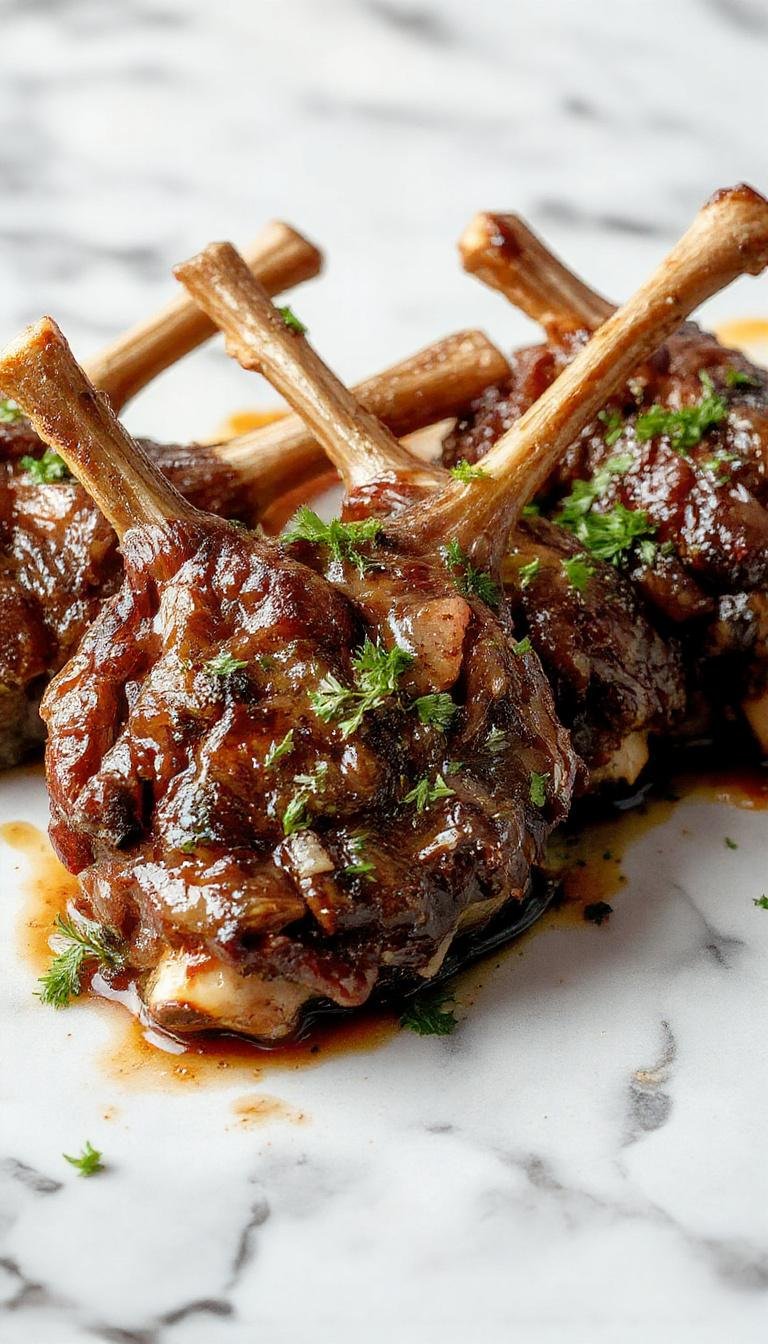 Juicy oven-baked lamb chops served on a plate with herbs and side vegetables, showcasing a perfectly cooked, tender interior.