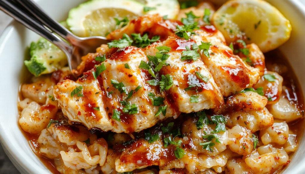 A vibrant bowl of teriyaki chicken rice featuring golden-brown grilled chicken glazed with glossy teriyaki sauce, topped with sliced green onions and sesame seeds, served over fluffy white rice. The bowl is garnished with fresh vegetables like steamed broccoli and carrots, arranged neatly for an appetizing presentation.