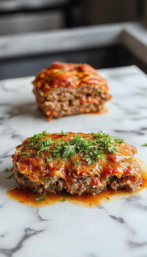 A beautifully plated meatloaf slice garnished with fresh herbs on a rustic wooden table