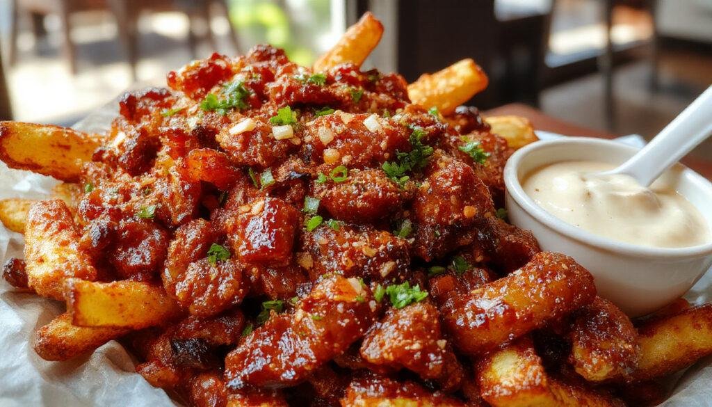 A close-up of a serving of loaded dirty fries stacked on a wooden plate. Crispy golden fries are generously topped with melted cheddar cheese, crispy bacon bits, green onions, and a dollop of creamy sauce. The background features a rustic restaurant table setting, emphasizing the indulgent and savory nature of the dish.