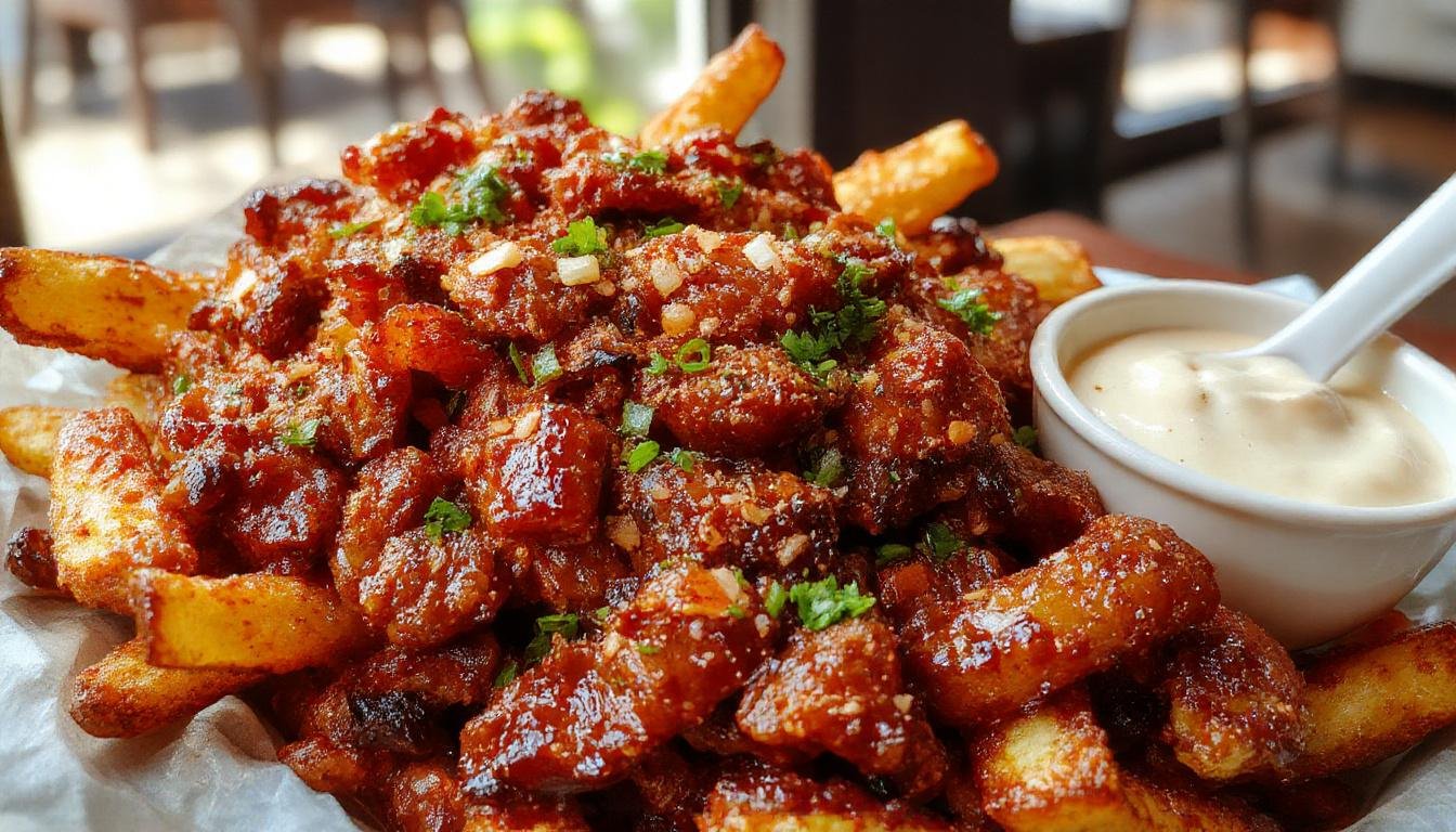 A close-up of a serving of loaded dirty fries stacked on a wooden plate. Crispy golden fries are generously topped with melted cheddar cheese, crispy bacon bits, green onions, and a dollop of creamy sauce. The background features a rustic restaurant table setting, emphasizing the indulgent and savory nature of the dish.