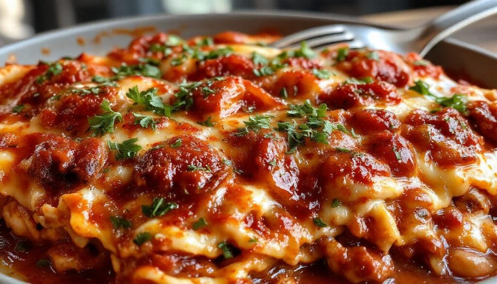 A beautifully plated homemade lasagna layered with rich tomato sauce, melted golden cheese, and visible layers of pasta, basil leaves on top, served on a rustic white plate with a wooden table background.