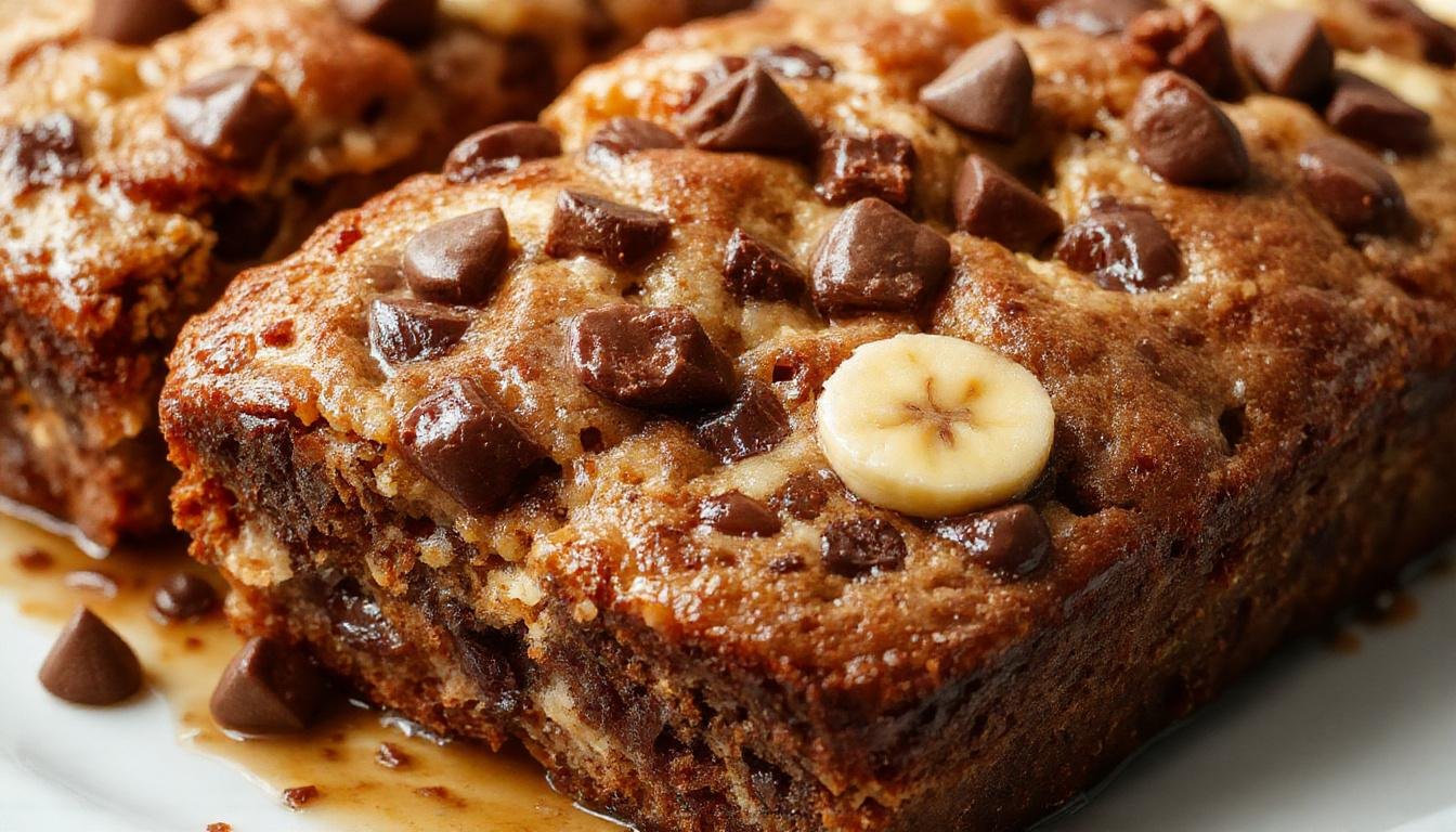 A golden-brown banana bread loaf topped with melty chocolate chips, sliced to reveal moist inner crumb with streaks of ripe banana and chocolate morsels, garnished with extra chocolate chips and banana slices around the plate.