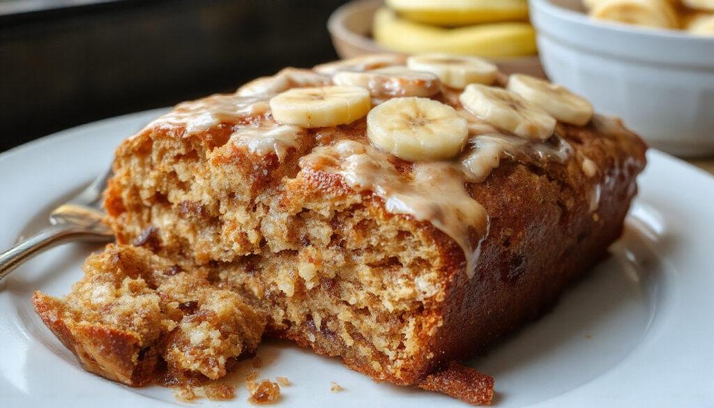A close-up of a freshly baked banana bread loaf with a golden-brown crust, sliced to reveal moist, tender interior speckled with banana slices, placed on a rustic wooden cutting board next to ripe bananas and a knife.