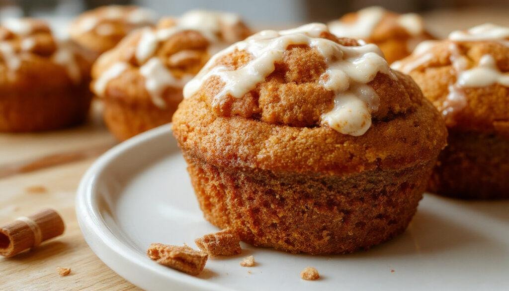 A close-up of a stack of golden-brown pumpkin cinnamon roll muffins with swirls of cinnamon and cream cheese frosting on top, set on a rustic wooden table, with a few muffins partially sliced to reveal the moist, pumpkin-infused interior.