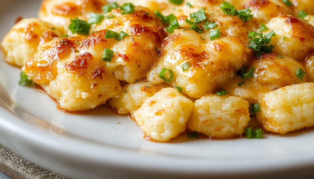 A golden-brown Tater Tot Casserole in a square ceramic dish, topped with melted cheese and crispy tater tots, garnished with fresh herbs, and served on a rustic wooden table.