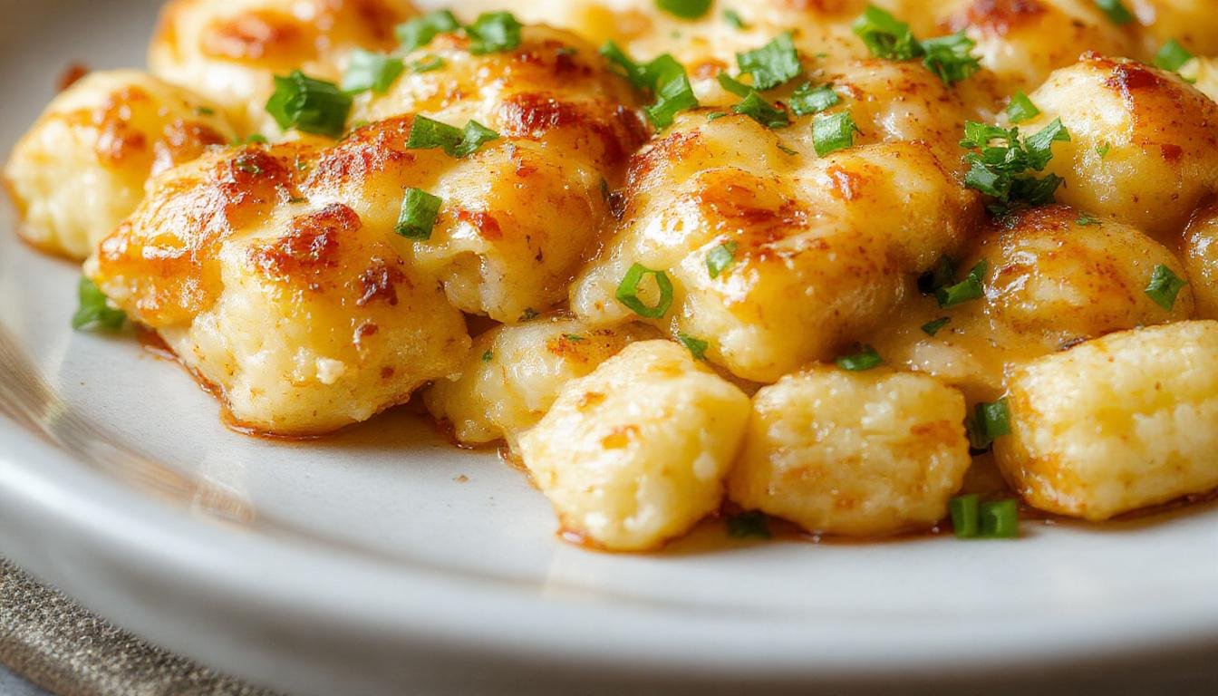 A golden-brown Tater Tot Casserole in a square ceramic dish, topped with melted cheese and crispy tater tots, garnished with fresh herbs, and served on a rustic wooden table.