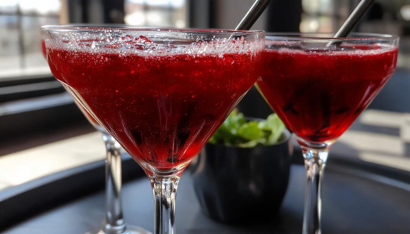 A tall flute glass filled with a shimmering deep red liquid, garnished with a spooky black cherry and a ghostly swirl of bubbling champagne, set against a dark, moody background with flickering candlelight. The glass is elegantly presented with a touch of vampire-themed decoration, evoking an eerie yet sophisticated Halloween vibe.
