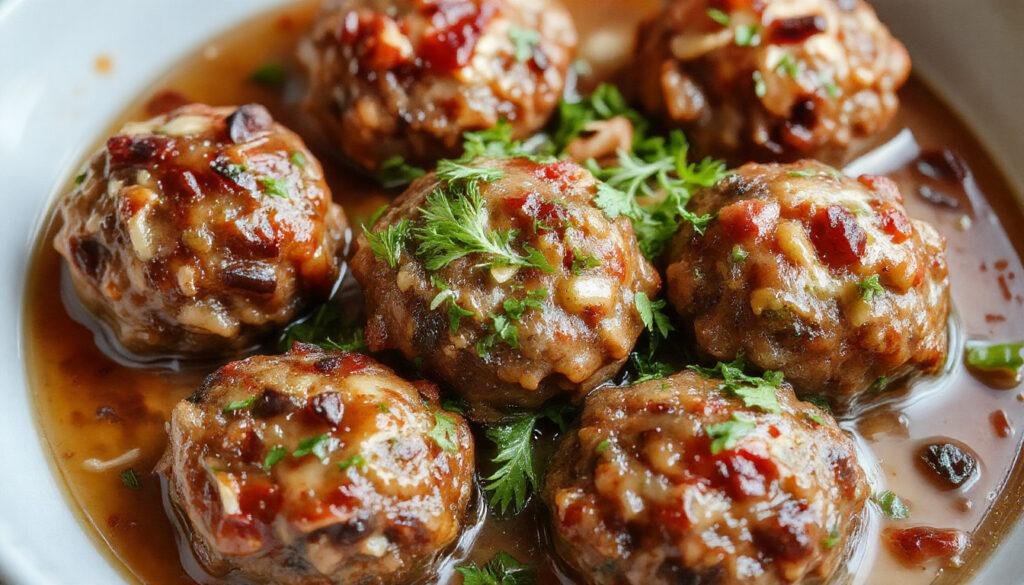 A close-up of golden-brown vegan mushroom meatballs arranged on a rustic serving dish, garnished with fresh herbs, with a vibrant vegetable sauce drizzled over them. The meatballs have a crispy exterior and tender interior, with visible bits of mushroom and herbs, presented on a white plate with a colorful salad backdrop.