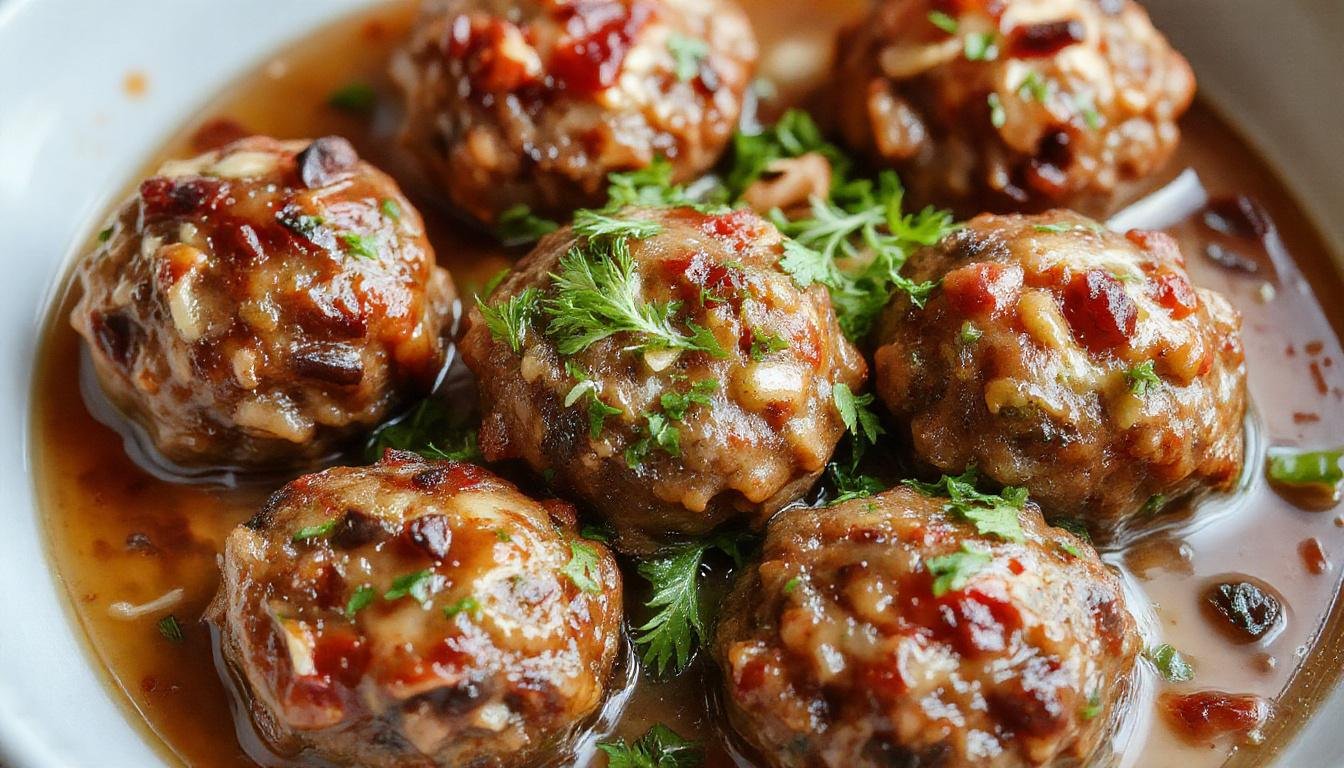 A close-up of golden-brown vegan mushroom meatballs arranged on a rustic serving dish, garnished with fresh herbs, with a vibrant vegetable sauce drizzled over them. The meatballs have a crispy exterior and tender interior, with visible bits of mushroom and herbs, presented on a white plate with a colorful salad backdrop.
