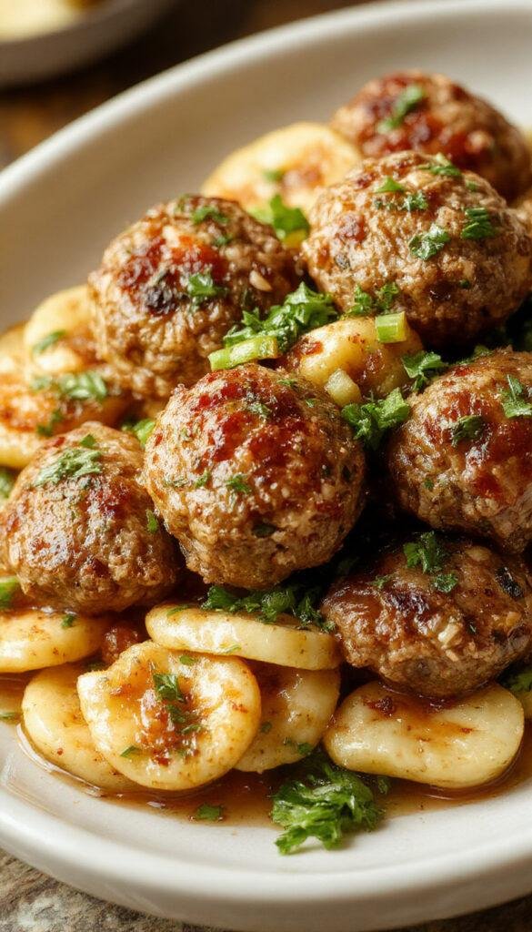 A plate of delicious plant-based walnut mushroom meatballs garnished with fresh herbs on a rustic wooden table