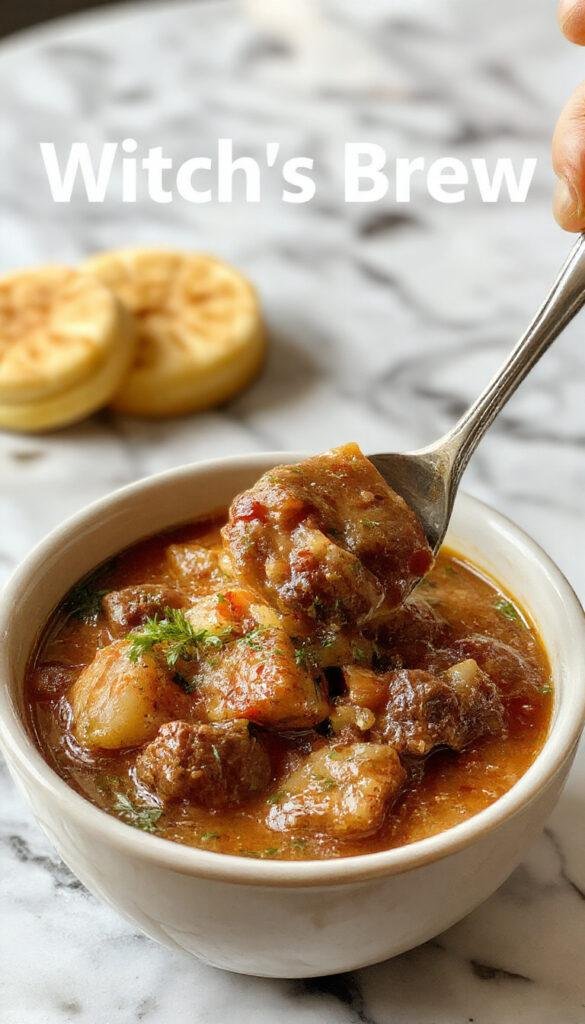 A steaming bowl of Witch's Brew Beef Stew topped with spooky-shaped bread crumbs and fresh herbs, set on a rustic wooden table for Halloween.