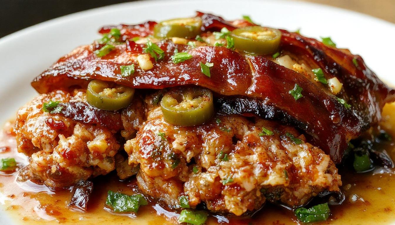 A hearty meatloaf glazed with a shiny sauce, topped with crispy bacon strips, and sliced to reveal a green jalapeño-stuffed interior, garnished with fresh herbs on a rustic plate.