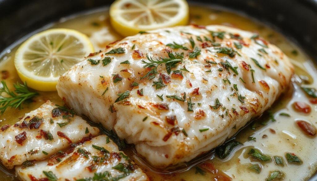 A beautifully plated baked fish fillet topped with fresh lemon slices and vibrant green herbs, garnished with lemon zest. The fish has a golden-brown, crispy crust and is served on a white plate with a side of colorful roasted vegetables and a drizzle of herb-infused oil. The background features a rustic wooden table, enhancing the Mediterranean ambiance.