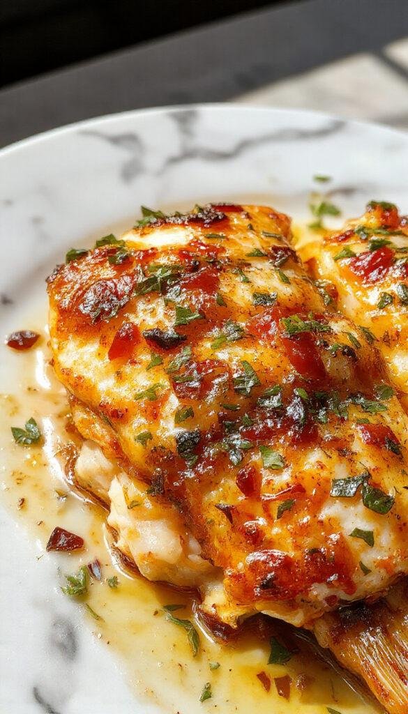 A colorful plate of Zesty Mediterranean Baked Fish garnished with fresh herbs, lemon slices, and assorted vegetables, served outdoors on a rustic table.