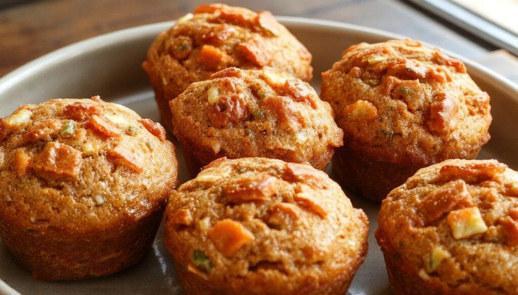 A close-up of golden-brown zucchini and carrot muffins arranged on a rustic wooden platter, showcasing their moist texture and flecks of grated vegetables. The muffins are topped with a light sprinkle of powdered sugar and garnished with fresh mint leaves, with a few muffins slightly tilted to reveal their colorful, vegetable-filled interior.