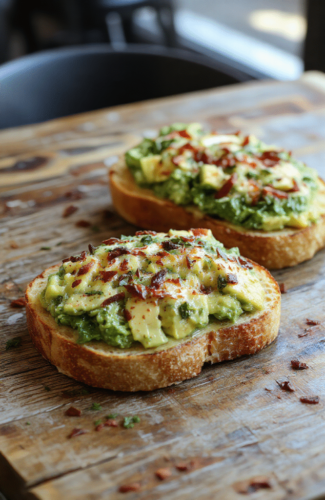 A vibrant plate of avocado toast featuring sliced ripe avocados on toasted multigrain bread, garnished with cherry tomatoes, microgreens, and a drizzle of balsamic glaze. The dish is beautifully styled with natural lighting on a rustic wooden table, showing textures of crispy toast and creamy avocado.