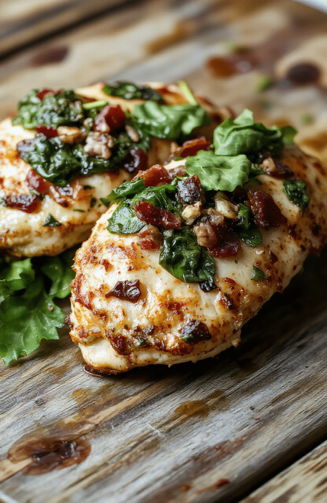 A vibrant plate featuring golden-brown baked chicken topped with crispy bacon strips, melted cheese, fresh spinach, and grilled pineapple slices. The dish is beautifully arranged on a rustic wooden surface with a side of fresh salad, showcasing a rich, cheesy sauce drizzled over the skillet, highlighting textures and colors that evoke comfort and indulgence.
