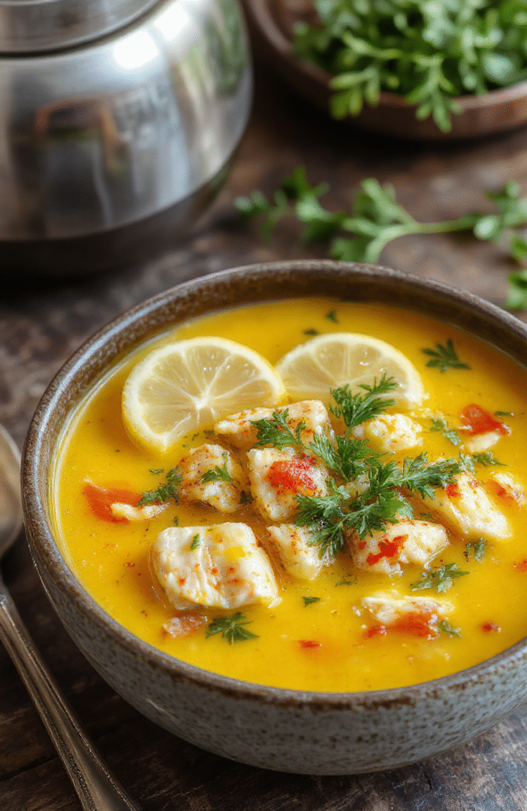A vibrant bowl of turmeric chicken soup garnished with fresh herbs and lemon slices, with tender chicken pieces and colorful vegetables on a rustic wooden table, styled naturally with a cozy, inviting atmosphere.