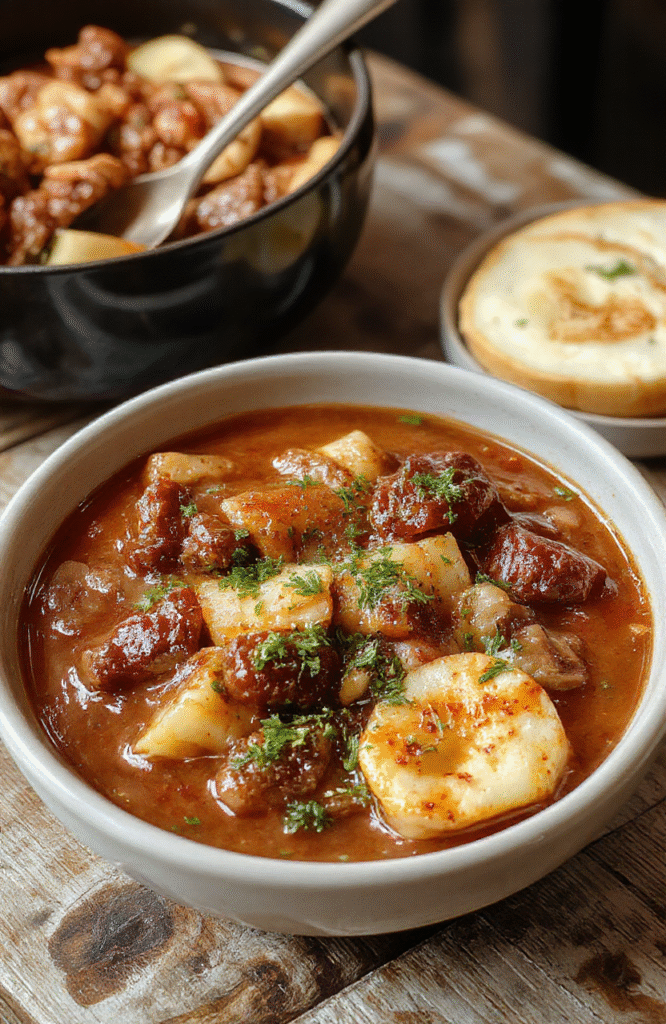 A steaming bowl of rich, red German Goulash garnished with fresh herbs, served on a rustic wooden table with visible chunks of tender beef, vibrant vegetables, and a thick flavorful sauce, styled with traditional German crockery, inviting and warm.