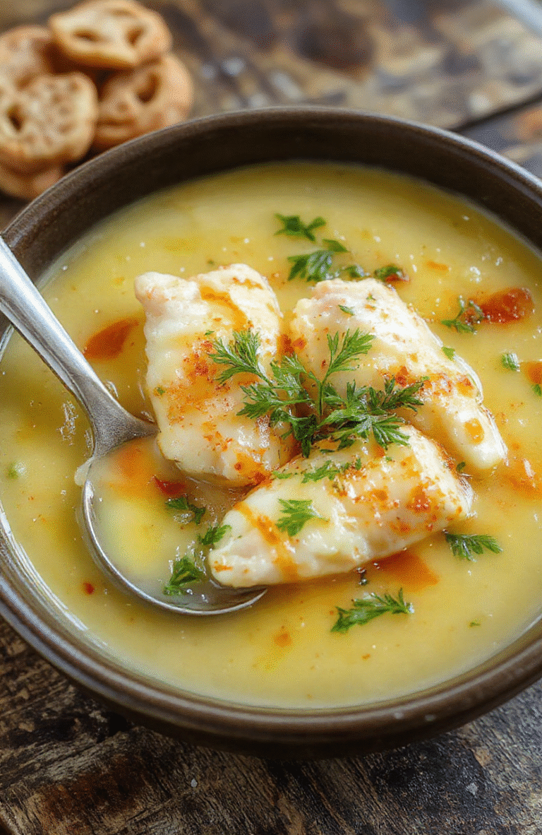 A vibrant bowl of Greek lemon chicken soup with tender shredded chicken, bright yellow lemon broth, garnished with fresh herbs, served in a rustic white bowl, surrounded by lemon slices and herbs on a wooden table.